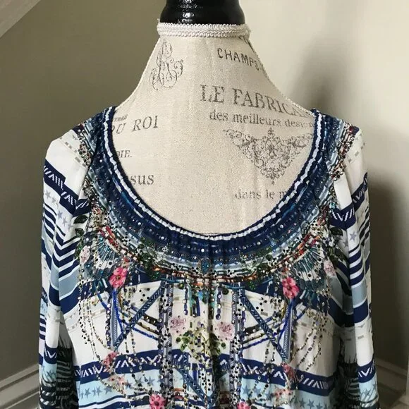 Camilla A-Line Frill Mini Dress Womens XS Blue Silk Floral Stripe Long Sleeve - Picture 6 of 14